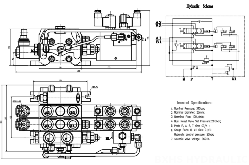 DCV100 Electro-hydraulic 2 Spool Sectional Directional Valve drawing image