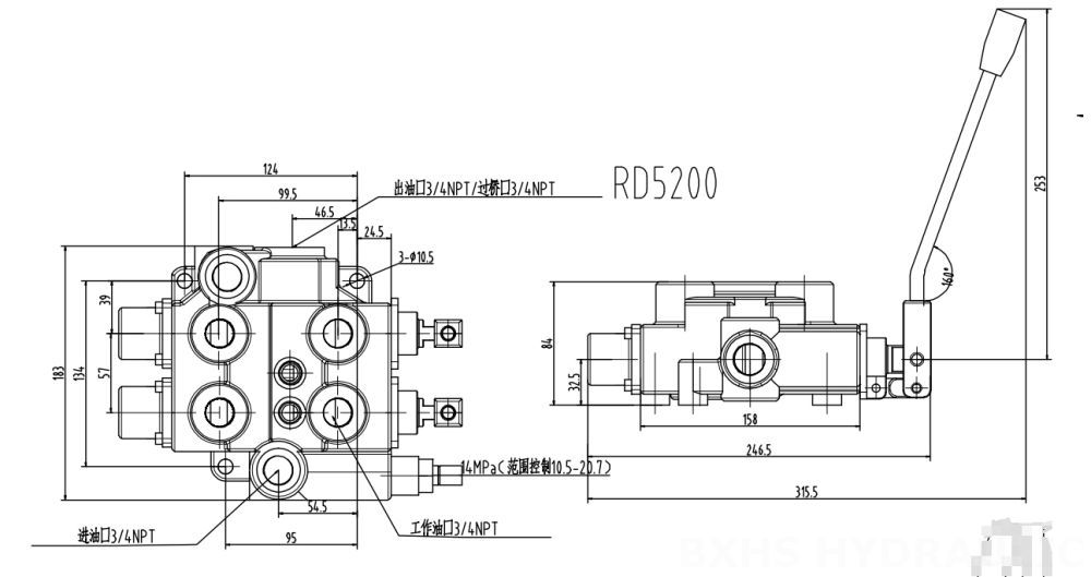 RD5200 Manual 2 Spool Hydraulic Control Valve drawing image