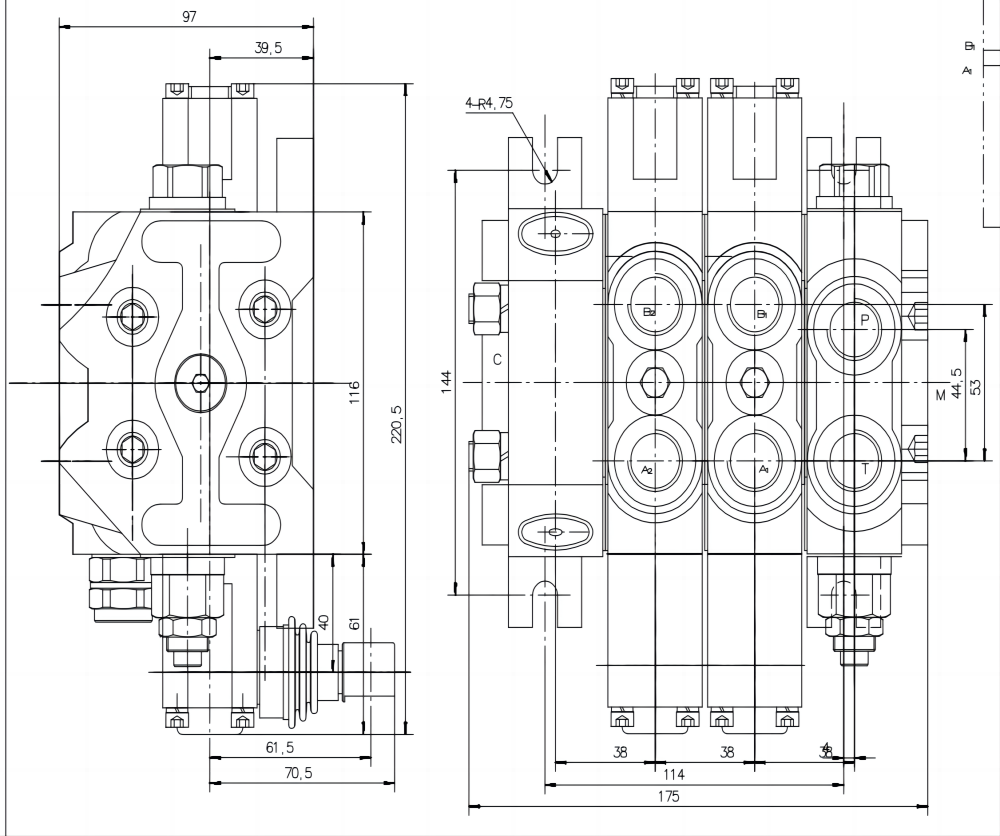 DCV60 Manual 2 Spool Sectional Directional Valve drawing image