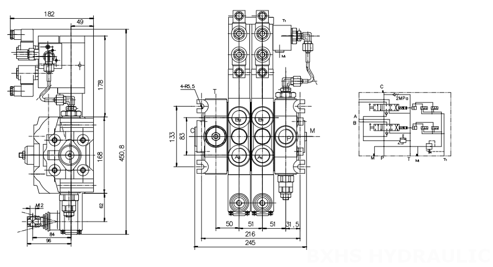 DCV200 Electro-hydraulic 2 Spool Sectional Directional Valve drawing image