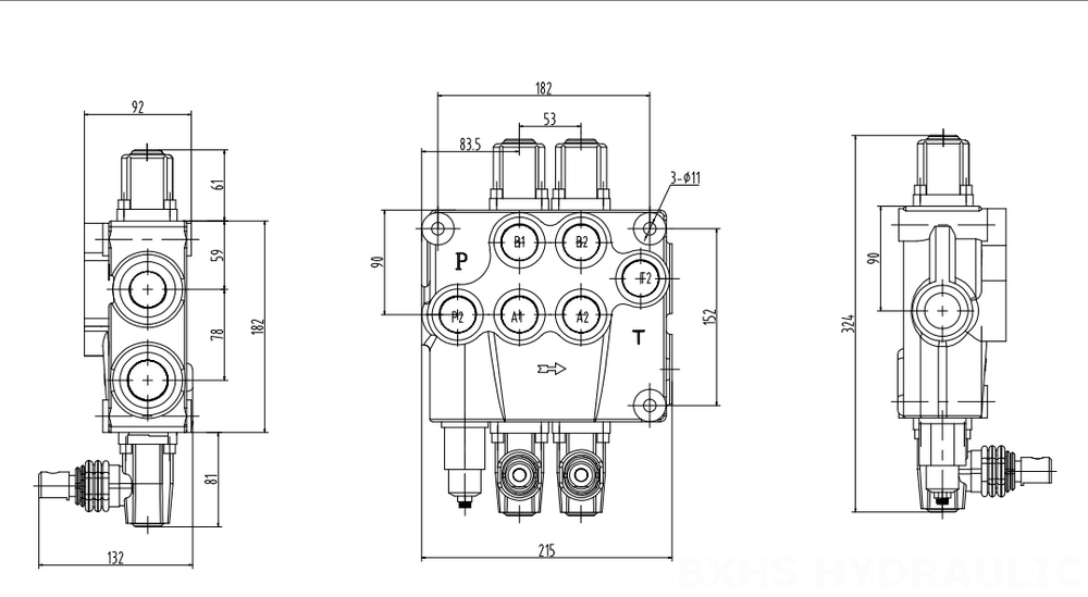 P120 Manual 2 Spool Monoblock Directional Valve drawing image