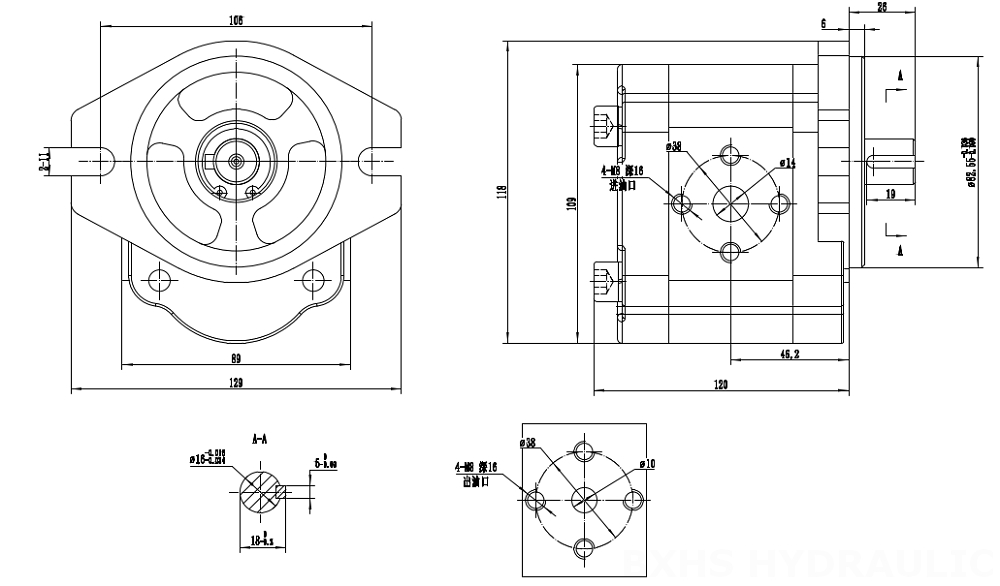 CBHS-FL304 4 cc/rev Hydraulic Gear Pump drawing image