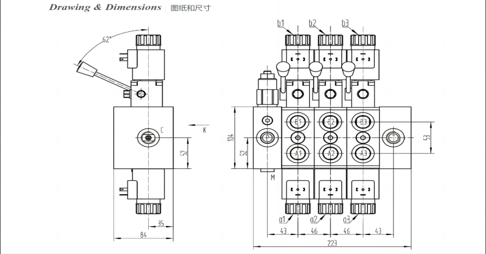 DCV58 Solenoid And Manual 3 Spool Sectional Directional Valve drawing image