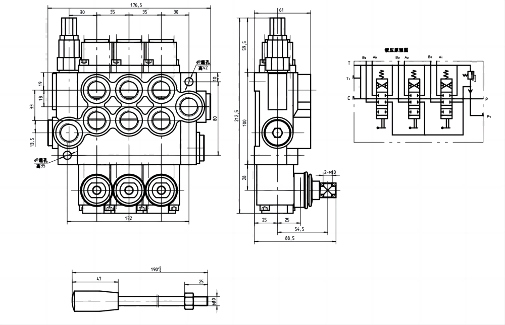 P40-G12-G38-OT-OT-OT Manual 3 Spool Monoblock Directional Valve drawing image