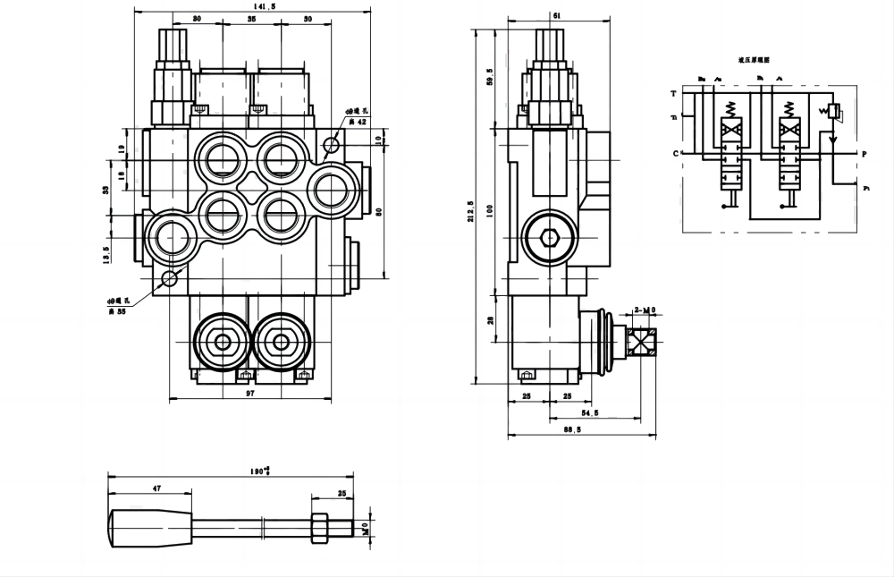 P40-G12 Manual 2 Spool Monoblock Directional Valve drawing image