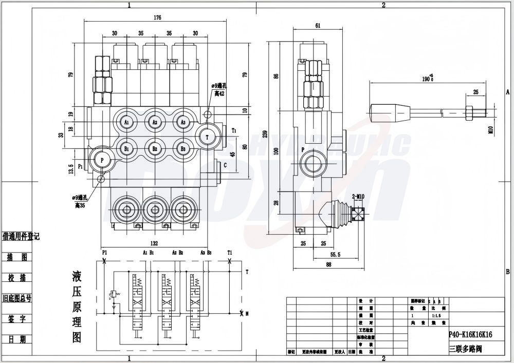 P40-G12-G38-3QTW1 Manual 3 Spool Monoblock Directional Valve drawing image