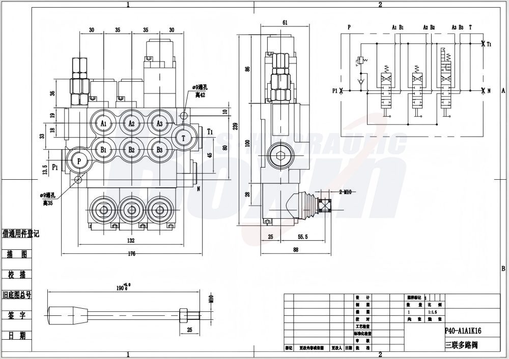 P40-G12-G38 Manual 3 Spool Monoblock Directional Valve drawing image
