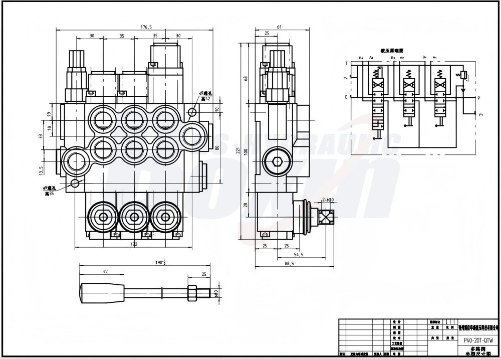 P40-G12-G38-OT-OT-QTW Manual 3 Spool Monoblock Directional Valve drawing image