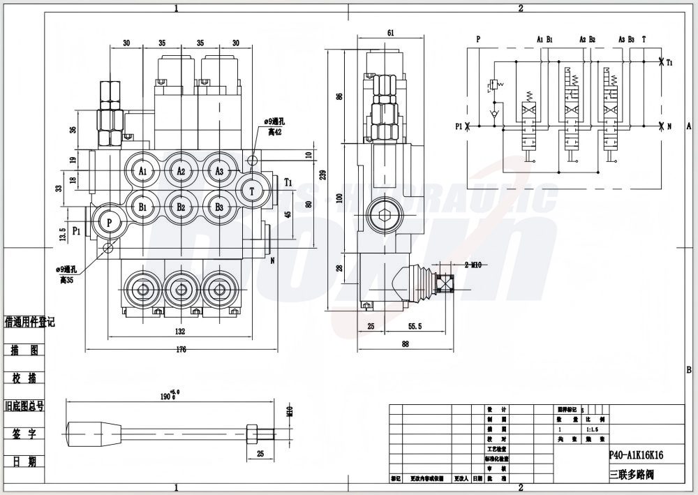 P40-G12-G38-OT-2QTW1 Manual 3 Spool Monoblock Directional Valve drawing image
