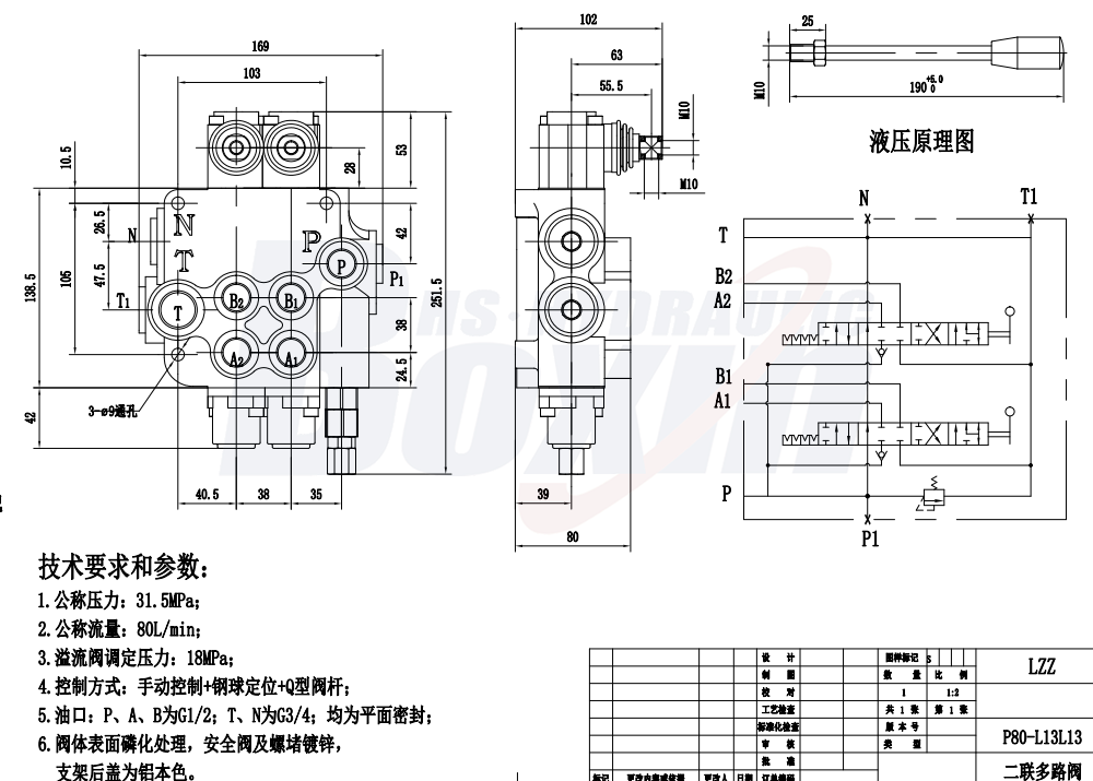 P80-G12-G34-QW Manual 2 Spool Monoblock Directional Valve drawing image