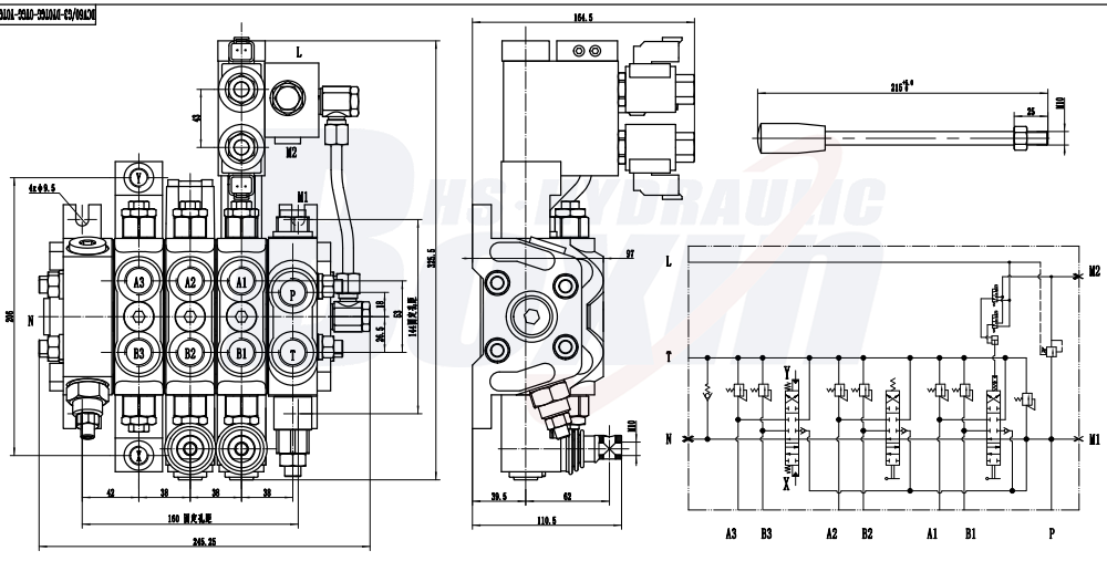 DCV60 Electro-hydraulic 3 Spool Sectional Directional Valve drawing image