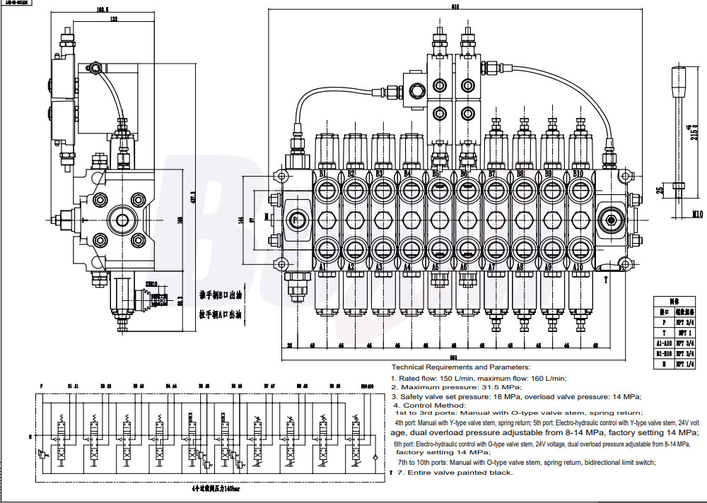 DCV150-NPT Manual and Electro-hydraulic 10 Spool Sectional Directional Valve drawing image