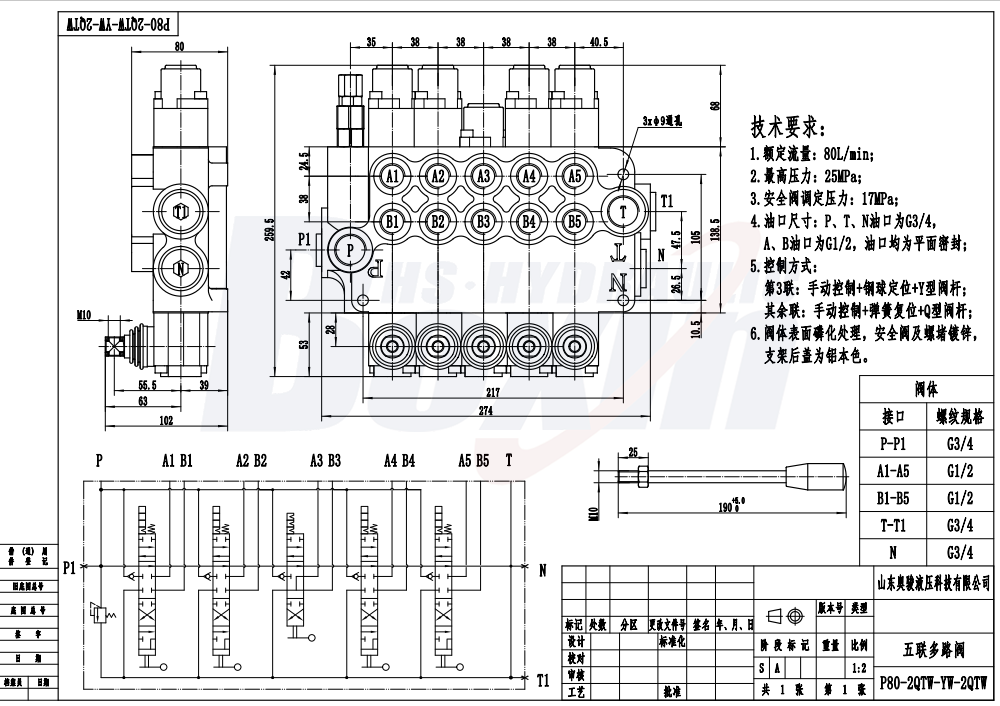 P80-G34-G12-2QTW-YW-2QTW Manual 5 Spool Monoblock Directional Valve drawing image