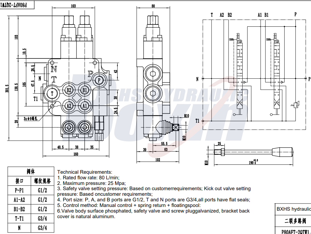 P80AFT-2QTW1 Manual 2 Spool Monoblock Directional Valve drawing image