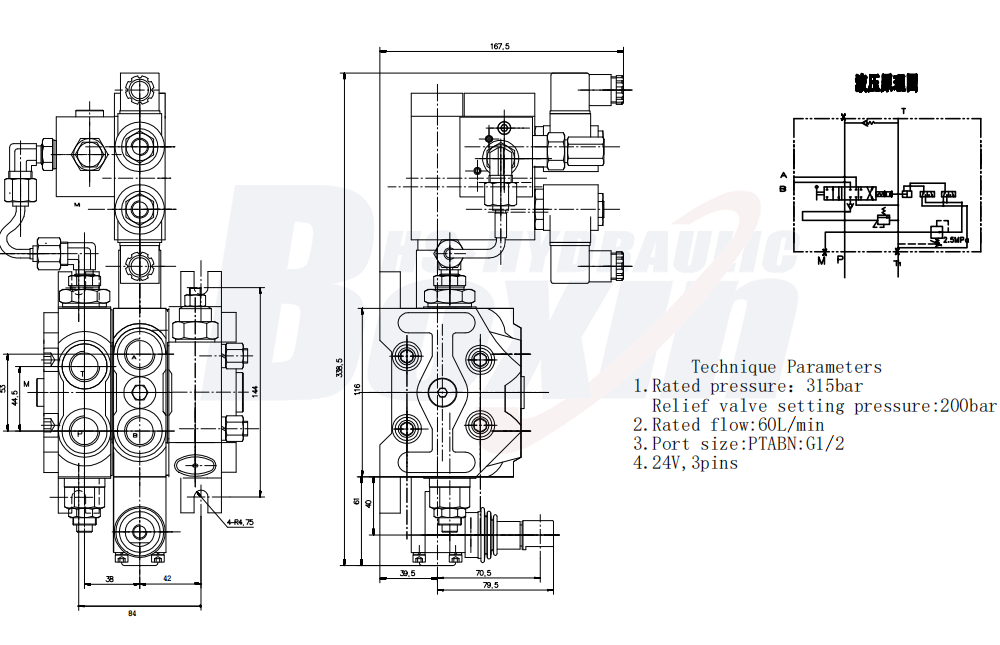 DCV60 Electro-hydraulic 1 Spool Sectional Directional Valve drawing image
