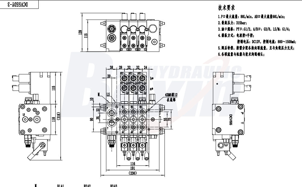 DCV55 Electro-hydraulic 3 Spool Sectional Directional Valve drawing image