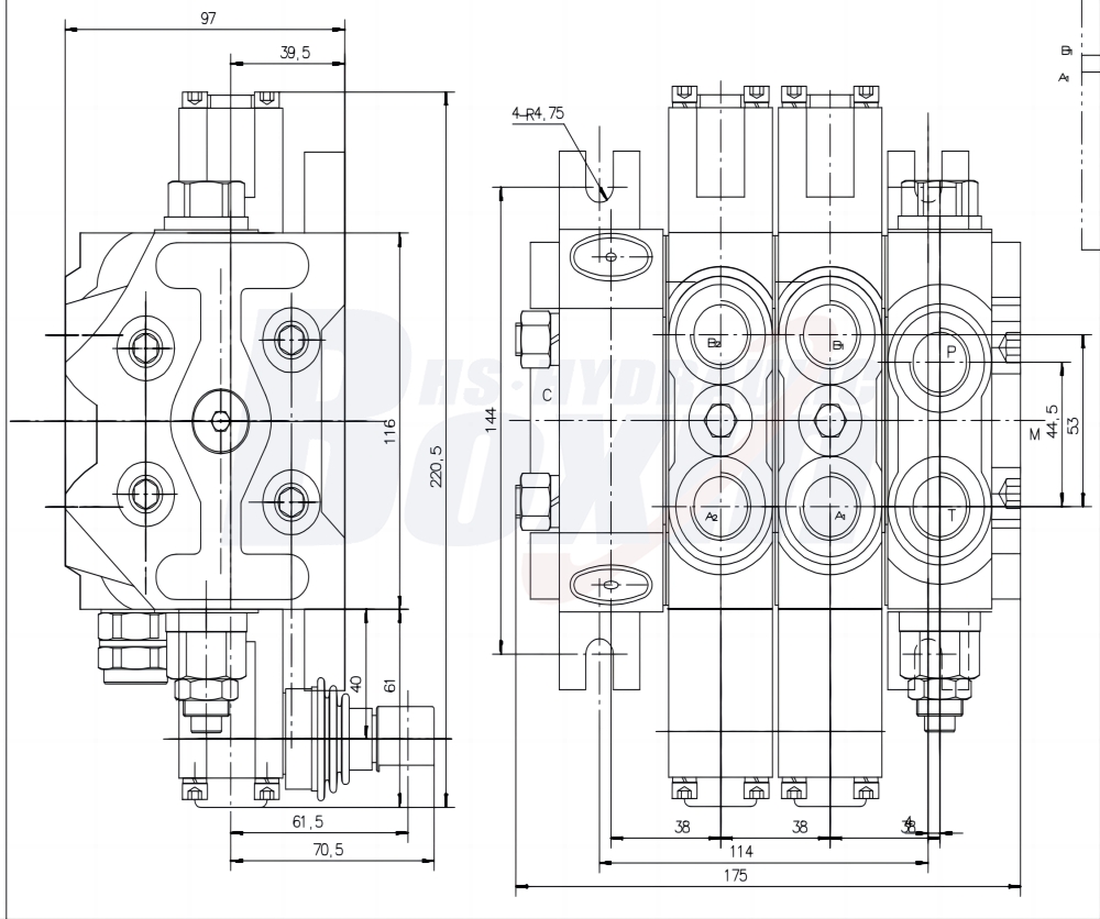 DCV60-FZJ Manual 2 Spool Sectional Directional Valve drawing image