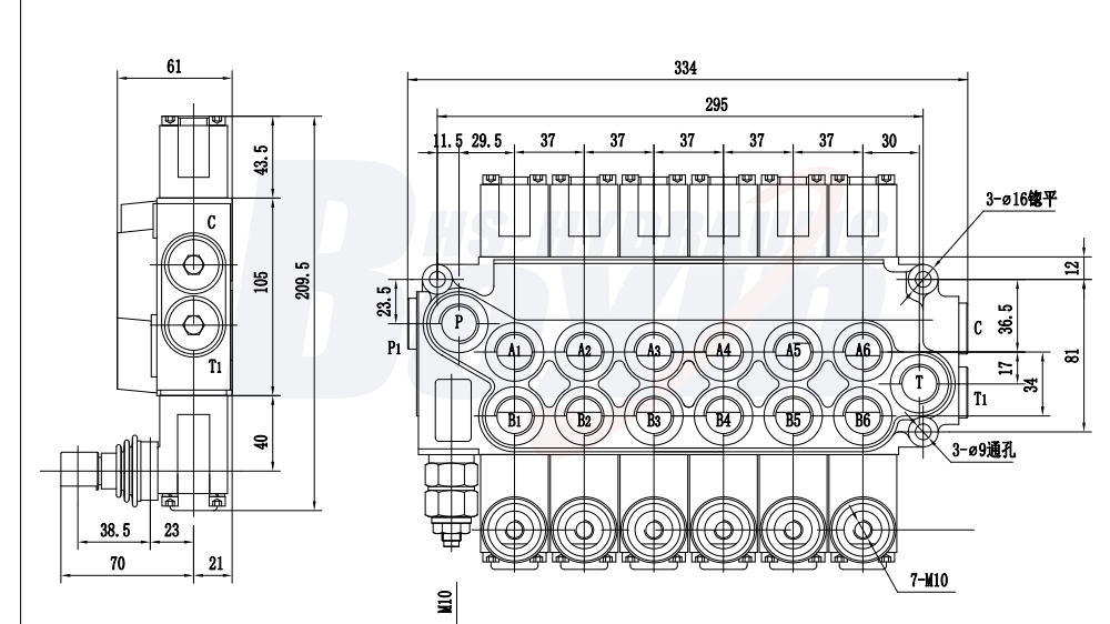 DCV40 Manual 6 Spool Monoblock Directional Valve drawing image