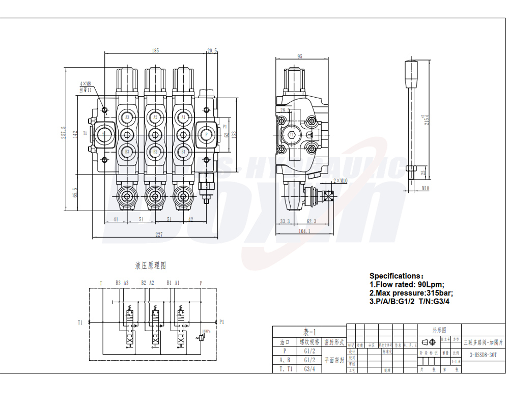 SD8 Manual 3 Spool Sectional Directional Valve drawing image